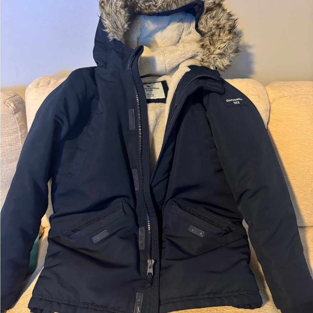 abercrombie kids Navy Faux-Fur Hooded Puffer Jacket